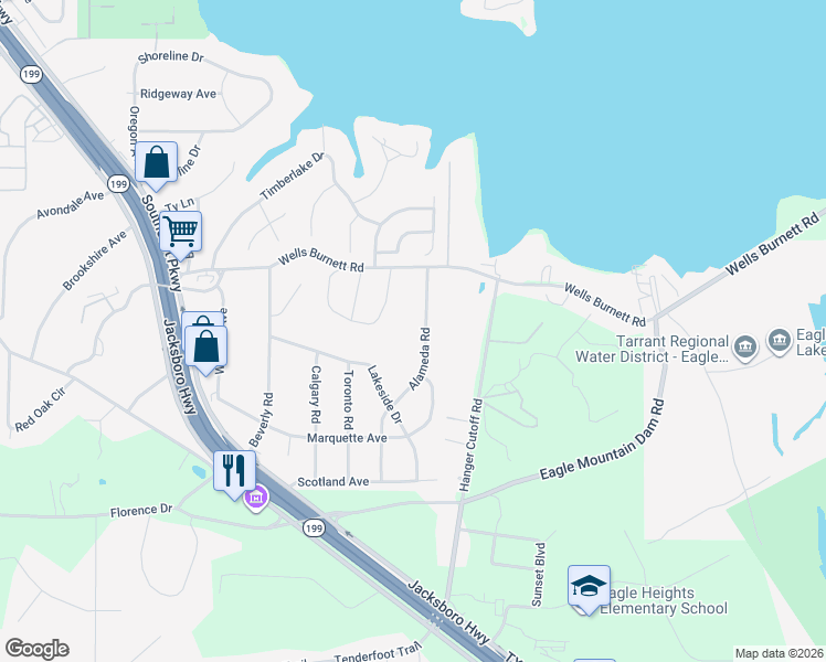 map of restaurants, bars, coffee shops, grocery stores, and more near 612 Alameda Road in Azle