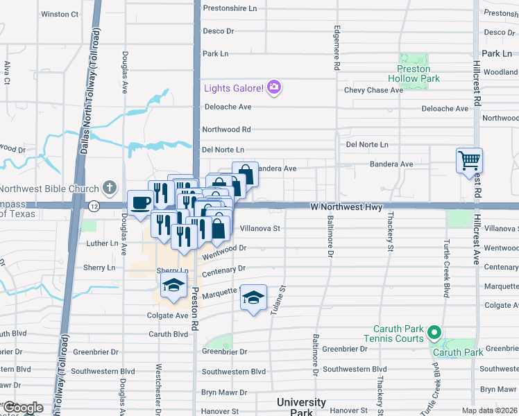 map of restaurants, bars, coffee shops, grocery stores, and more near 3933 Northwest Parkway in Dallas