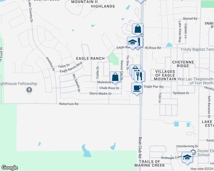 map of restaurants, bars, coffee shops, grocery stores, and more near 6604 Chalk River Drive in Fort Worth