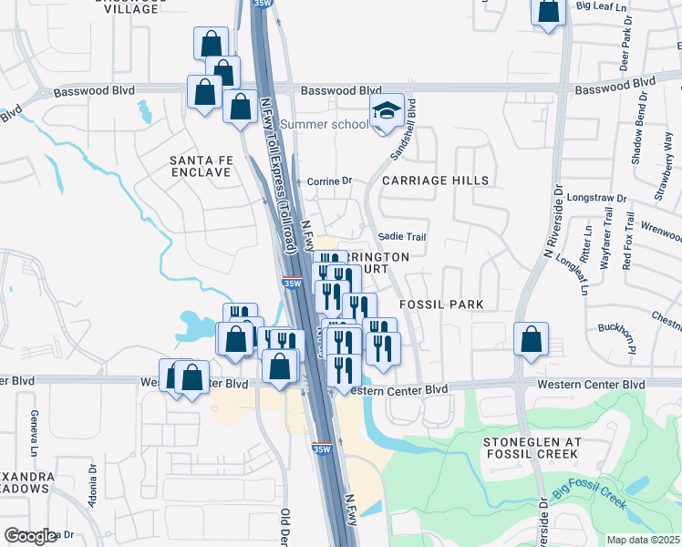 map of restaurants, bars, coffee shops, grocery stores, and more near 2952 Peyton Brook Drive in Fort Worth
