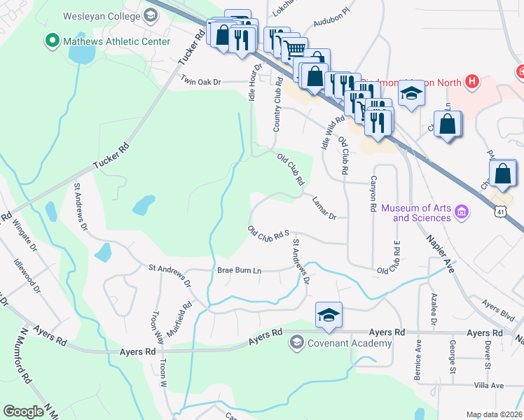 map of restaurants, bars, coffee shops, grocery stores, and more near 460 Old Club Road South in Macon