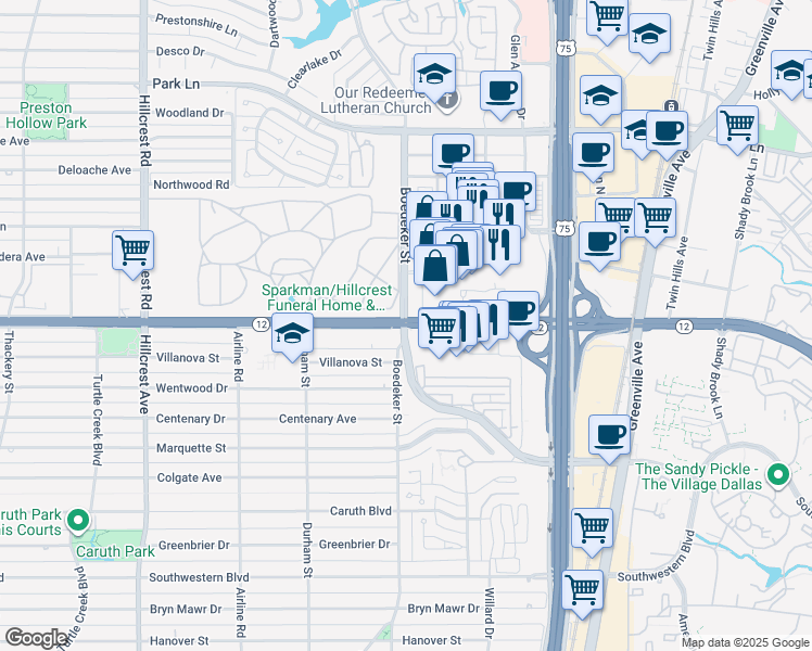 map of restaurants, bars, coffee shops, grocery stores, and more near W Northwest Hwy & Caruth Haven Ln in Dallas
