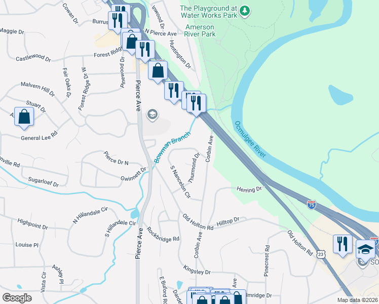 map of restaurants, bars, coffee shops, grocery stores, and more near 780 Thurmond Drive in Macon