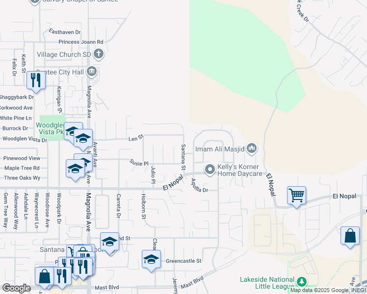 map of restaurants, bars, coffee shops, grocery stores, and more near Santana Street in Santee