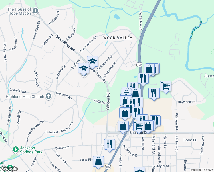 map of restaurants, bars, coffee shops, grocery stores, and more near 1755-1799 Clinton Road in Macon