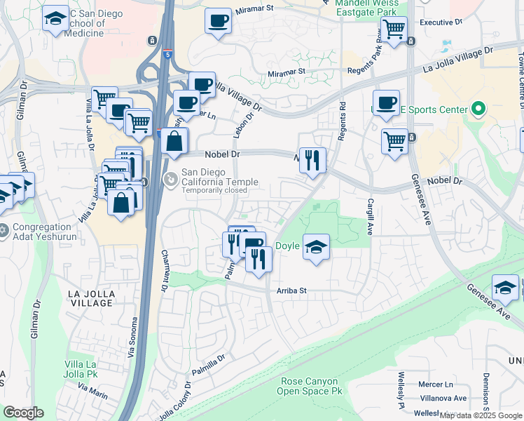 map of restaurants, bars, coffee shops, grocery stores, and more near 8114 Regents Road in San Diego