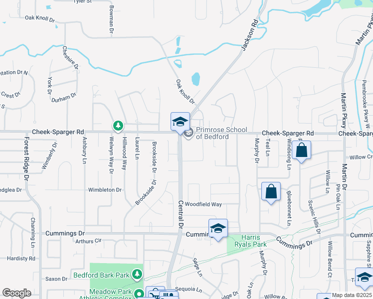 map of restaurants, bars, coffee shops, grocery stores, and more near 3800 Central Drive in Bedford