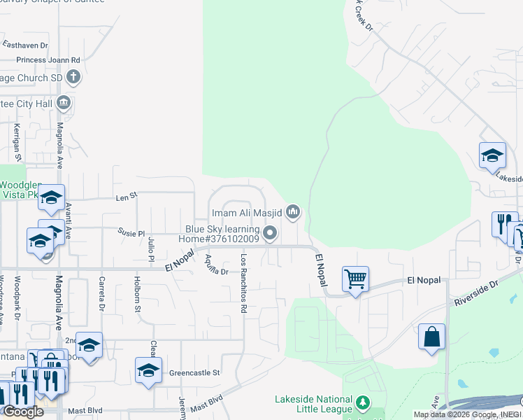 map of restaurants, bars, coffee shops, grocery stores, and more near 10344 Escadera Drive in Lakeside
