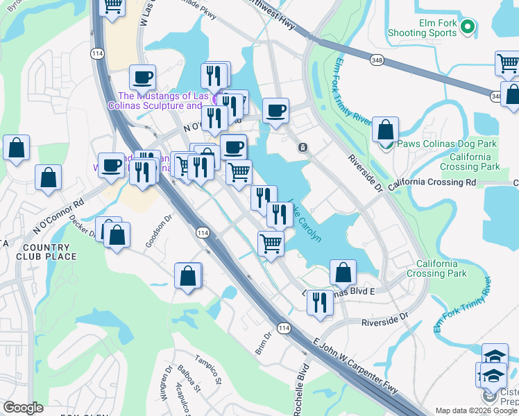 map of restaurants, bars, coffee shops, grocery stores, and more near 385 East Las Colinas Boulevard in Irving