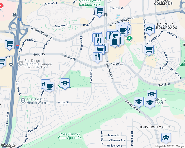 map of restaurants, bars, coffee shops, grocery stores, and more near 8155 Cargill Avenue in San Diego