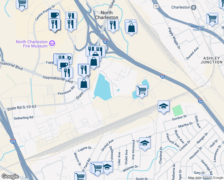 map of restaurants, bars, coffee shops, grocery stores, and more near 4905 Lake Palmetto Lane in North Charleston