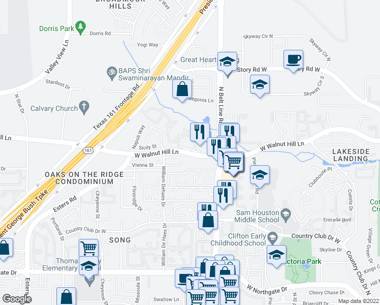 map of restaurants, bars, coffee shops, grocery stores, and more near 3604 Vienna Street in Irving