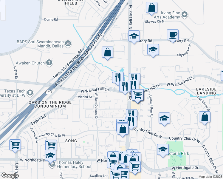 map of restaurants, bars, coffee shops, grocery stores, and more near 3604 Vienna Street in Irving