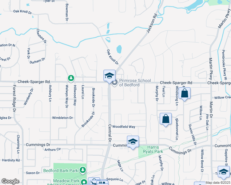 map of restaurants, bars, coffee shops, grocery stores, and more near 3800 Central Drive in Bedford