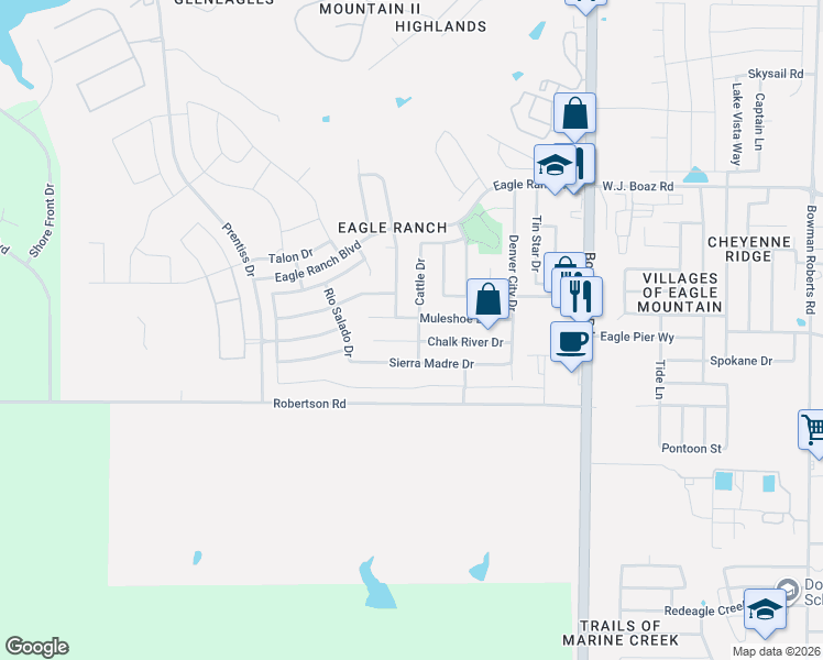 map of restaurants, bars, coffee shops, grocery stores, and more near 6633 Chalk River Drive in Fort Worth