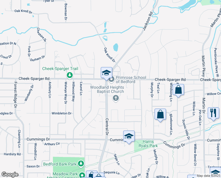 map of restaurants, bars, coffee shops, grocery stores, and more near 3800 Central Drive in Bedford