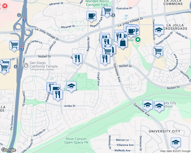 map of restaurants, bars, coffee shops, grocery stores, and more near 4025 Pulitzer Place in San Diego