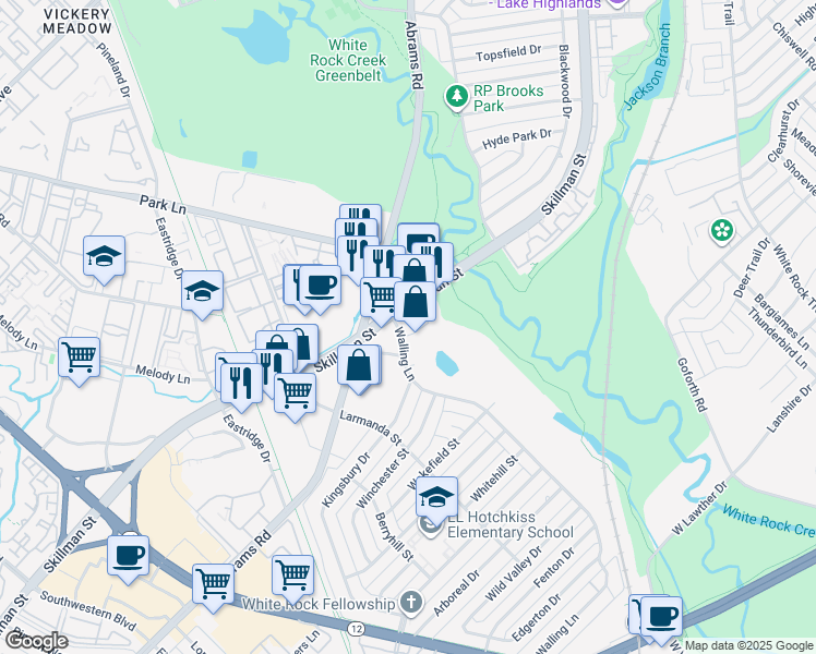 map of restaurants, bars, coffee shops, grocery stores, and more near 6640 Skillman St in Dallas