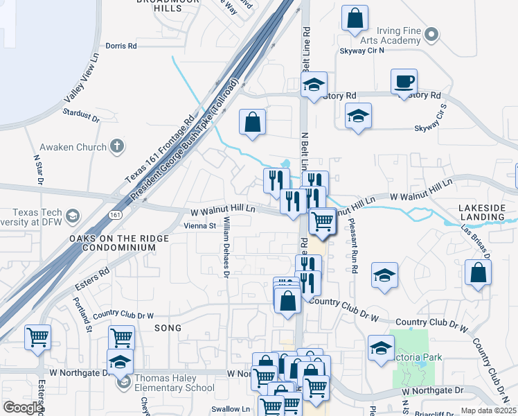 map of restaurants, bars, coffee shops, grocery stores, and more near 3661 W Walnut Hill Ln in Irving