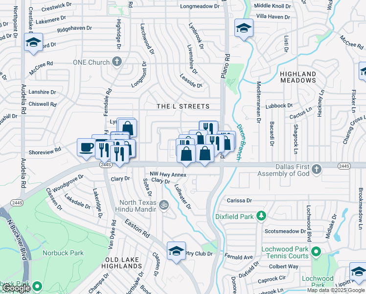 map of restaurants, bars, coffee shops, grocery stores, and more near 8571 Lullwater Drive in Dallas