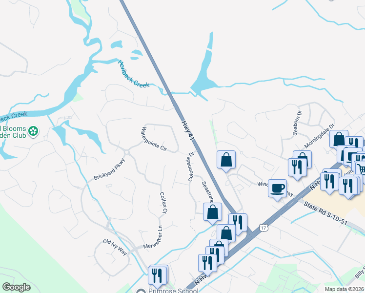 map of restaurants, bars, coffee shops, grocery stores, and more near 2748 Waterpointe Circle in Mount Pleasant
