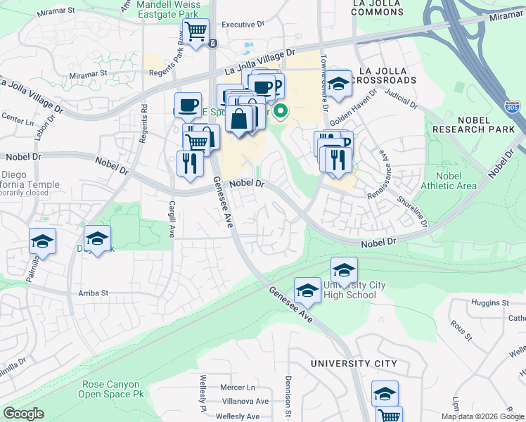 map of restaurants, bars, coffee shops, grocery stores, and more near 8254 Avenida Navidad in San Diego