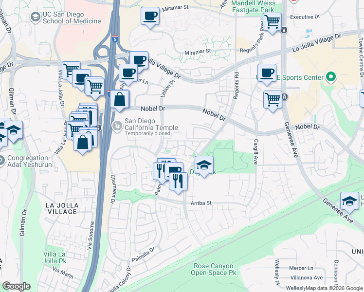 map of restaurants, bars, coffee shops, grocery stores, and more near 8046 Regents Road in San Diego