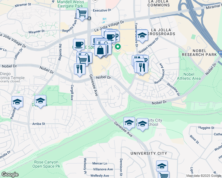 map of restaurants, bars, coffee shops, grocery stores, and more near 8254 Avenida Navidad in San Diego