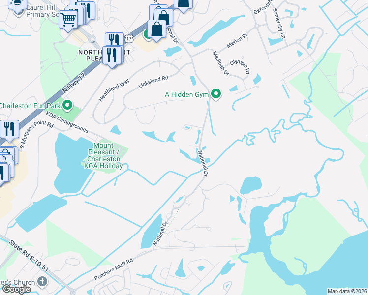 map of restaurants, bars, coffee shops, grocery stores, and more near 3304 Rees Row in Mount Pleasant