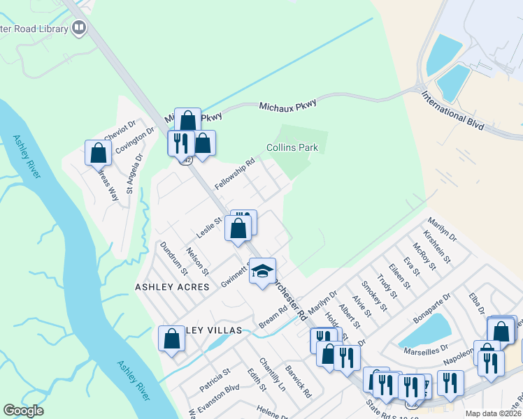 map of restaurants, bars, coffee shops, grocery stores, and more near 4251 Big Ben Court in North Charleston