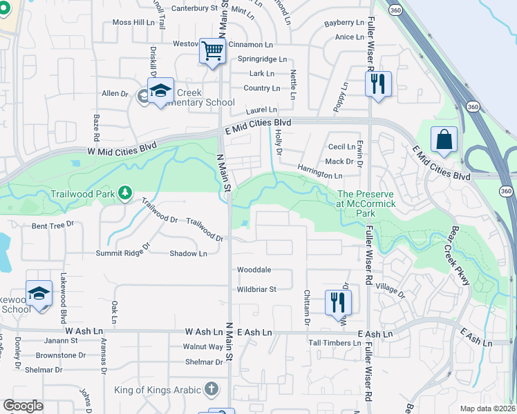 map of restaurants, bars, coffee shops, grocery stores, and more near 208 Fountainview Drive in Euless