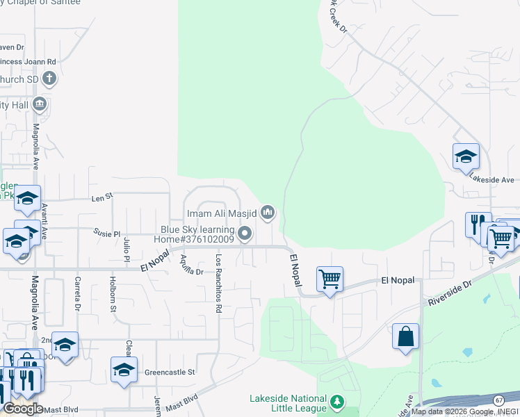 map of restaurants, bars, coffee shops, grocery stores, and more near 10367 Lozita Way in Lakeside