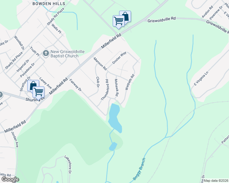map of restaurants, bars, coffee shops, grocery stores, and more near 3301 Thunderbird Road in Macon