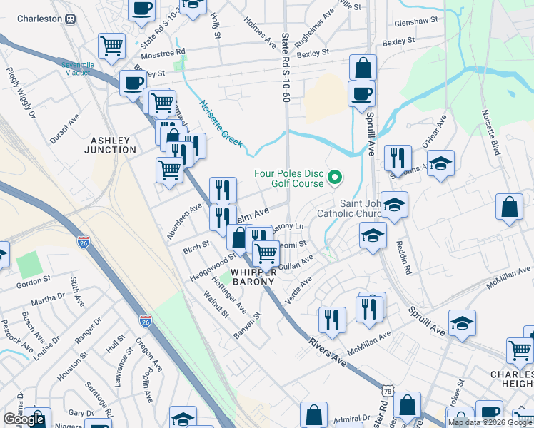 map of restaurants, bars, coffee shops, grocery stores, and more near 3944 Whipper Barony Lane in North Charleston