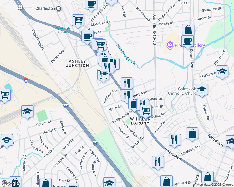 map of restaurants, bars, coffee shops, grocery stores, and more near 4020 Gravely Avenue in North Charleston