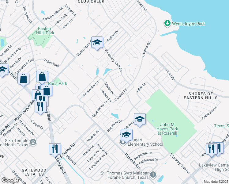 map of restaurants, bars, coffee shops, grocery stores, and more near 4526 Merlin Drive in Garland