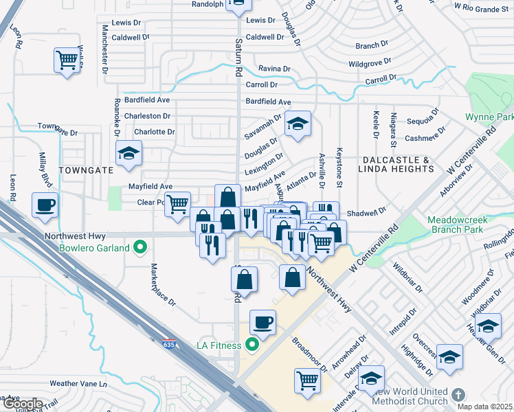 map of restaurants, bars, coffee shops, grocery stores, and more near 4242 Saturn Road in Garland