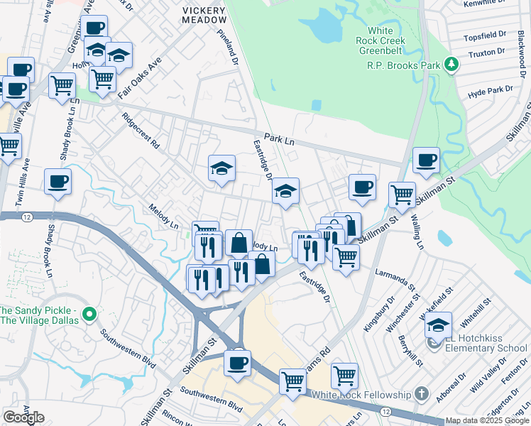 map of restaurants, bars, coffee shops, grocery stores, and more near 6467 Melody Lane in Dallas