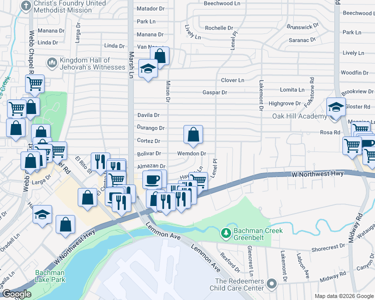 map of restaurants, bars, coffee shops, grocery stores, and more near 3822 Wemdon Drive in Dallas