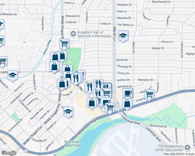 map of restaurants, bars, coffee shops, grocery stores, and more near 3551 Poquita Drive in Dallas