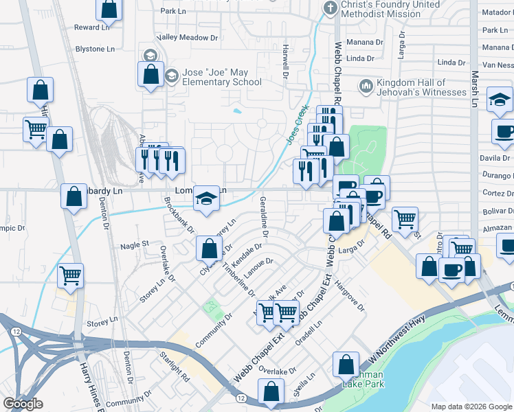 map of restaurants, bars, coffee shops, grocery stores, and more near 3226 Storey Lane in Dallas