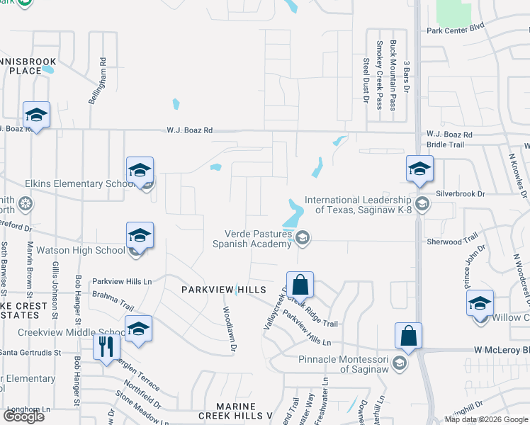 map of restaurants, bars, coffee shops, grocery stores, and more near 5116 Bayridge Court in Fort Worth