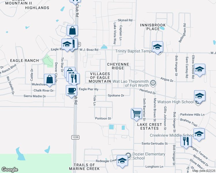 map of restaurants, bars, coffee shops, grocery stores, and more near 6309 Eagle Pier Way in Fort Worth