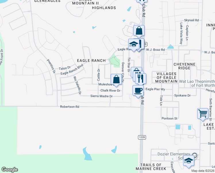 map of restaurants, bars, coffee shops, grocery stores, and more near 6541 Chalk River Drive in Fort Worth