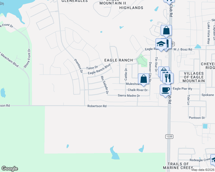 map of restaurants, bars, coffee shops, grocery stores, and more near 6900 Big Wichita Drive in Fort Worth