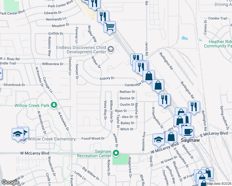 map of restaurants, bars, coffee shops, grocery stores, and more near 445 Taylor Street in Saginaw