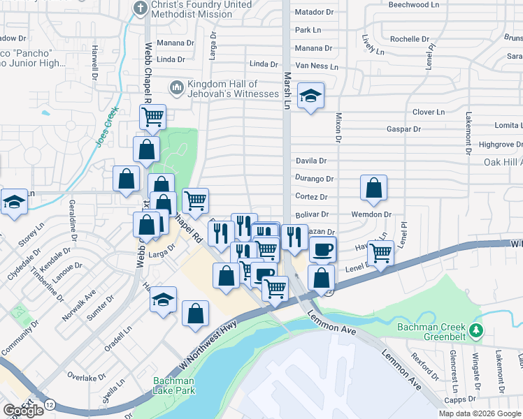 map of restaurants, bars, coffee shops, grocery stores, and more near 3619 Bolivar Drive in Dallas
