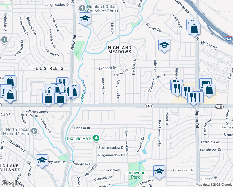 map of restaurants, bars, coffee shops, grocery stores, and more near 8517 Shagrock Lane in Dallas