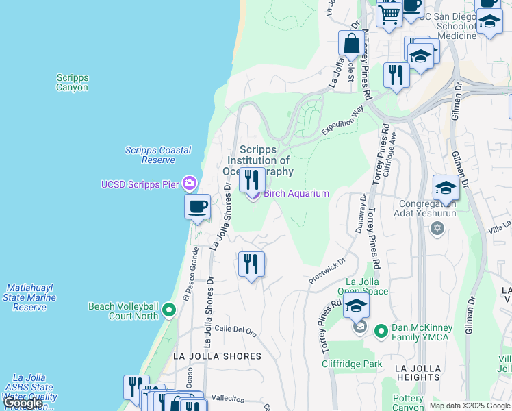 map of restaurants, bars, coffee shops, grocery stores, and more near 2300 Expedition Way in San Diego