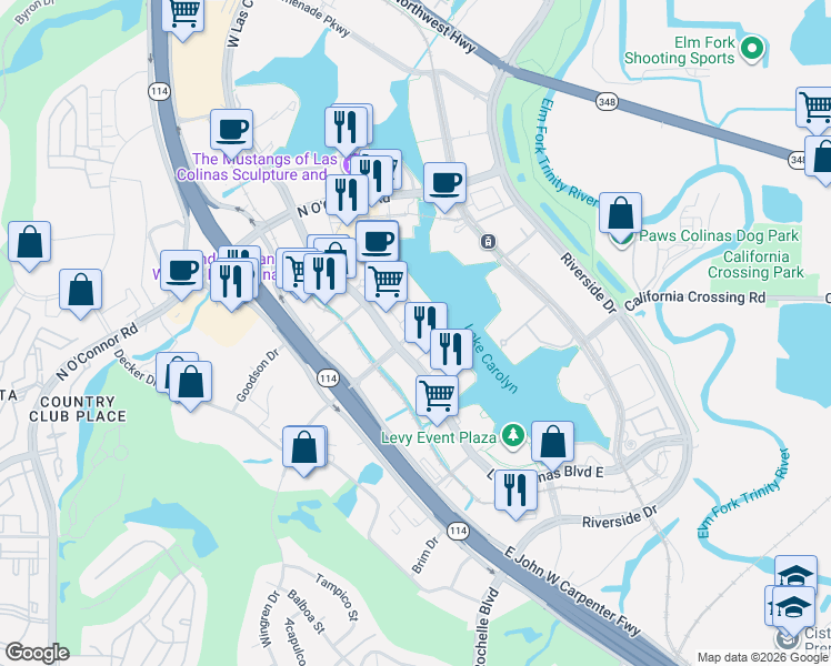 map of restaurants, bars, coffee shops, grocery stores, and more near 385 Las Colinas Boulevard East in Irving
